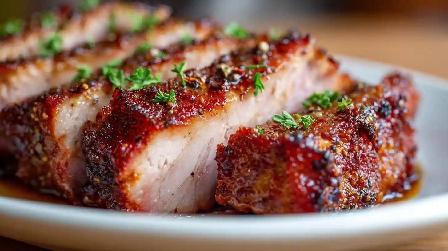 Close-up of Kassler smoked pork with a crispy seasoned crust and juicy meat