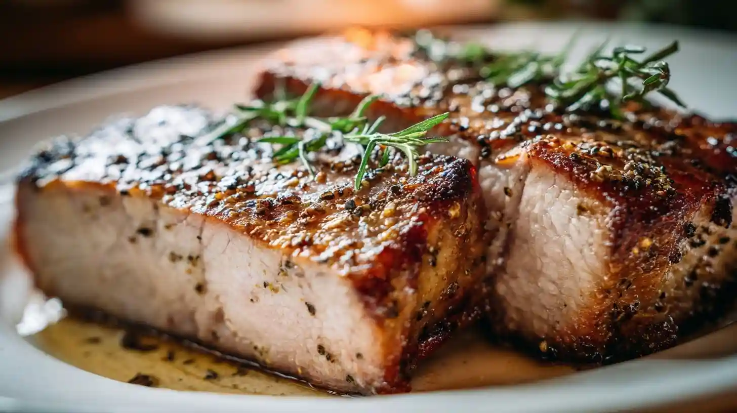 Thick-cut Kassler smoked pork with a browned crust served on a white plate
