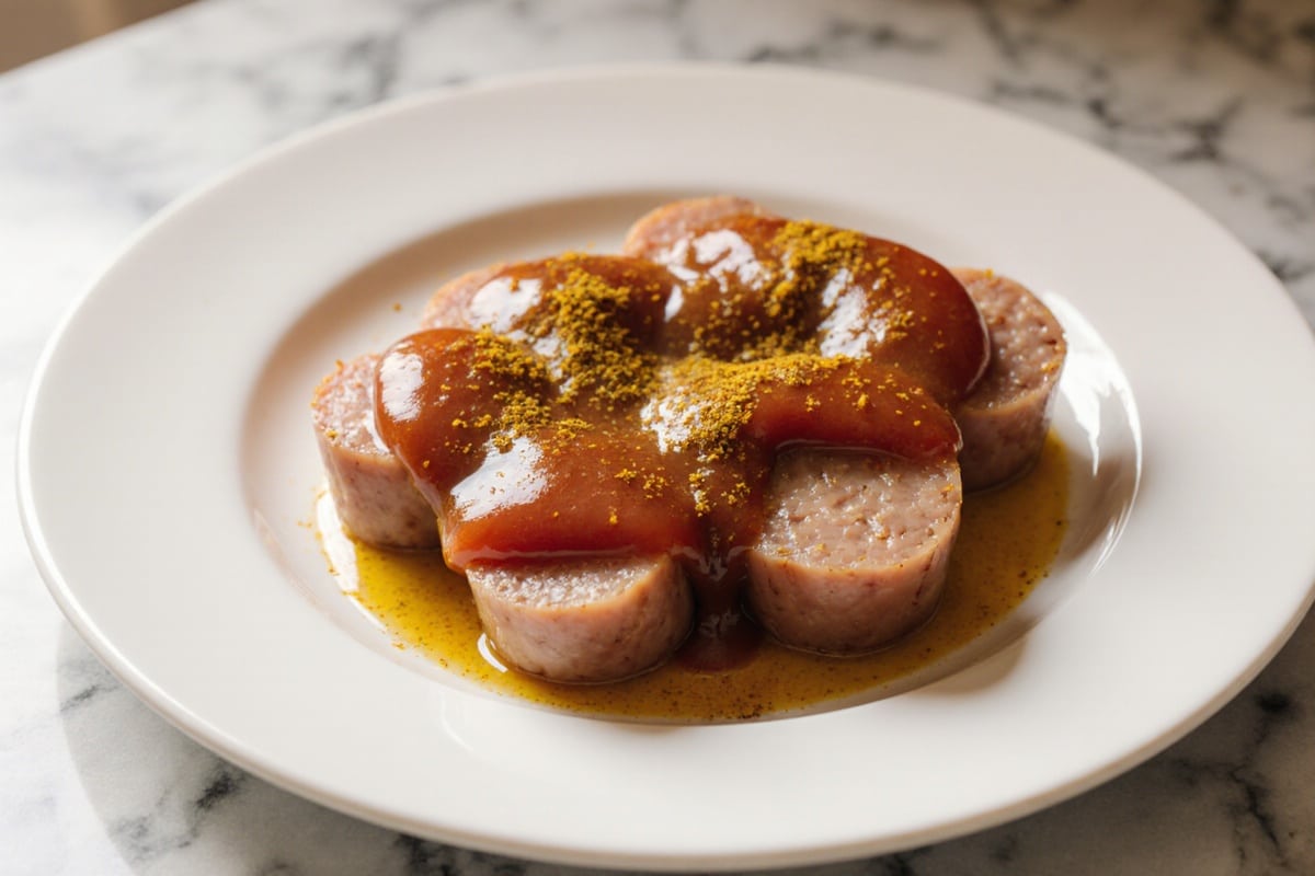 currywurst im airfryer knusprig serviert