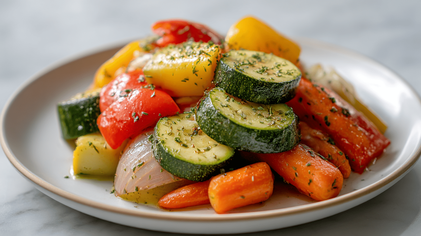 gemüsepfanne air fryer mit verschiedenen Gemüsesorten dargestellt