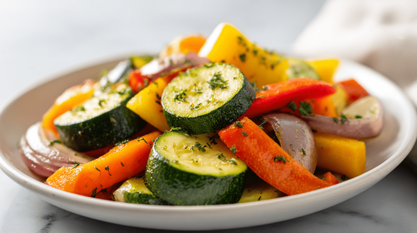 gemüsepfanne air fryer frisch zubereitet und angerichtet