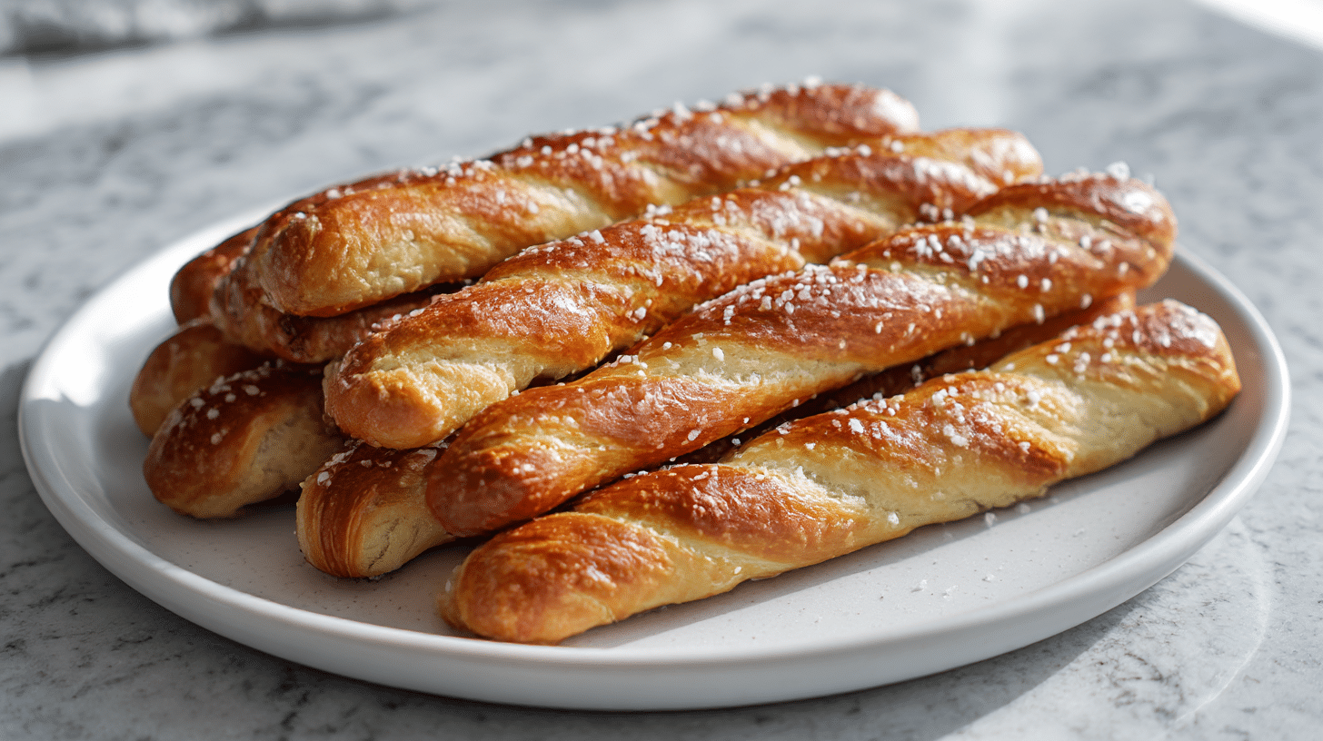 Airfryer Laugenstangen Rezept 1 Lautenstangen air fryer knusprig gebacken auf einem Teller.