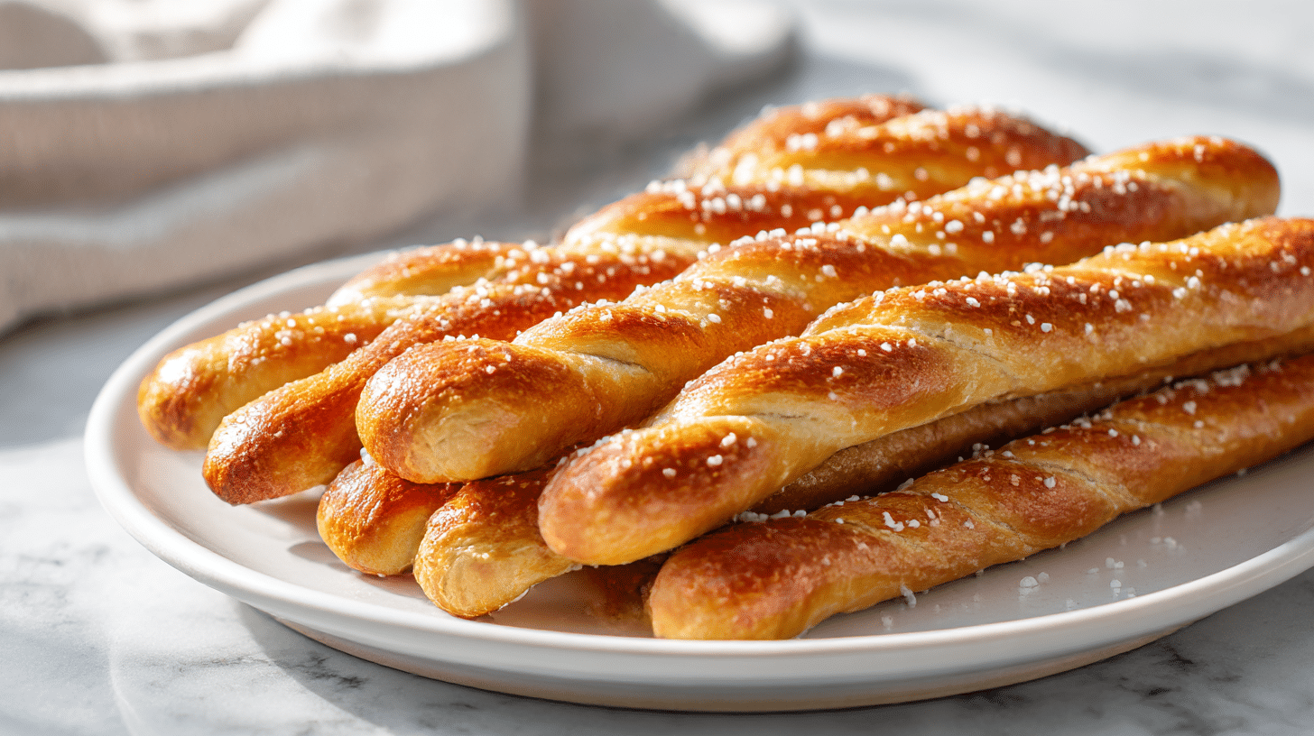 Laugenstangen air fryer serviert mit Senf und Dip.