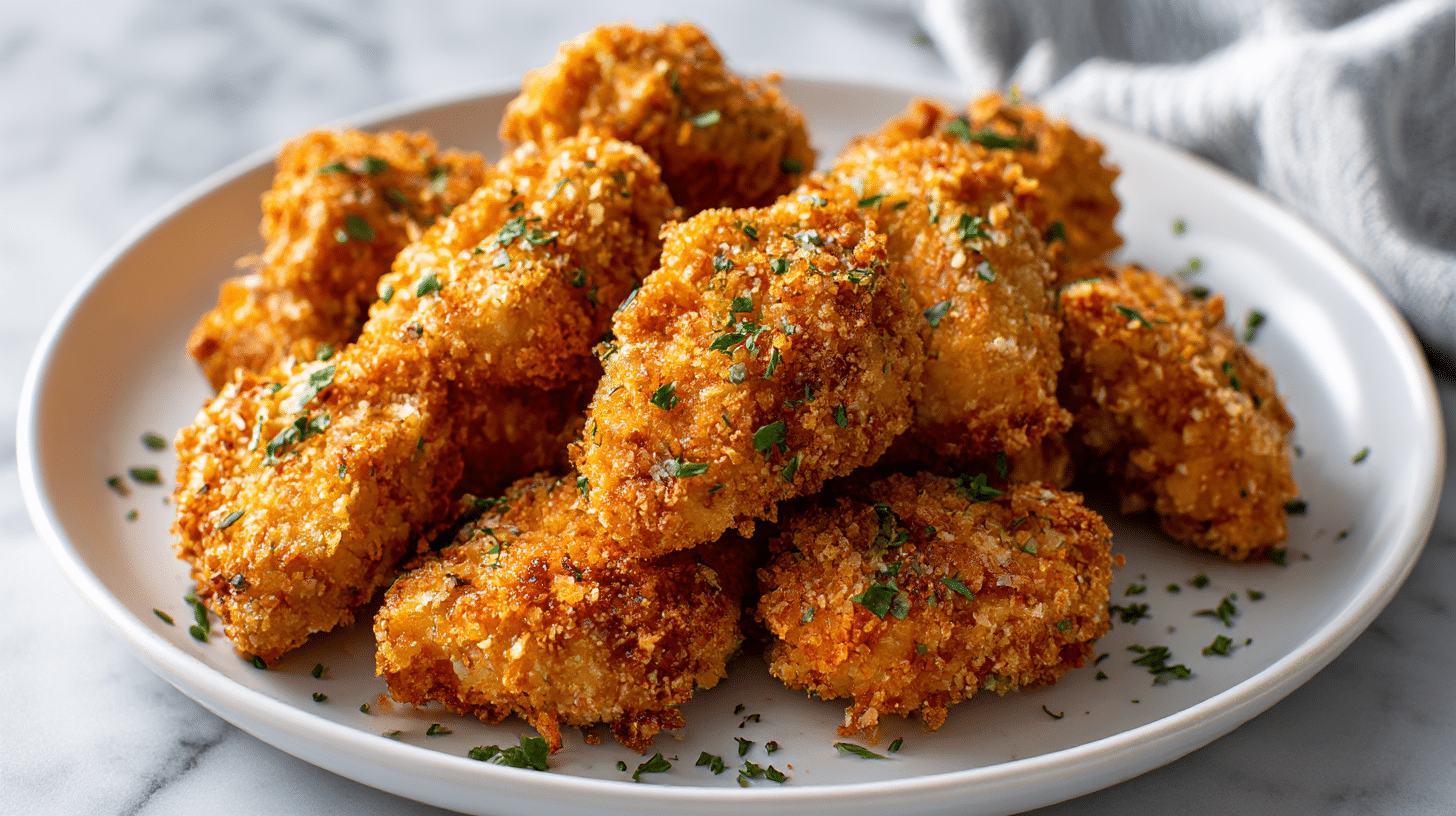 Dieses Bild zeigt paniertes Hähnchen aus dem Air Fryer.