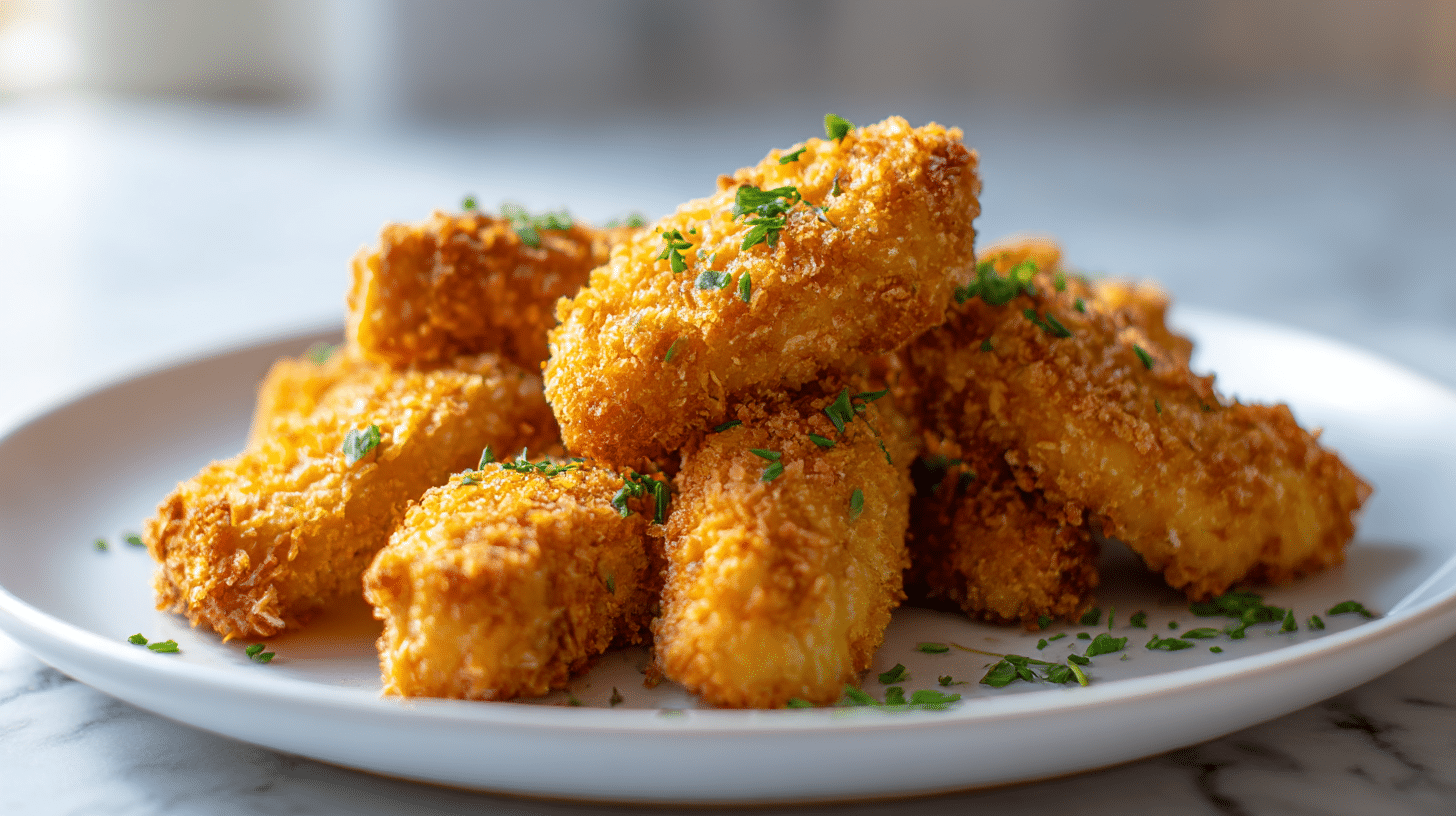Leckeres paniertes Hähnchen aus dem Air Fryer frisch serviert.