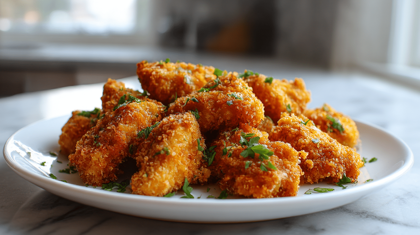 Köstliches paniertes Hähnchen aus dem Air Fryer auf einem Teller.