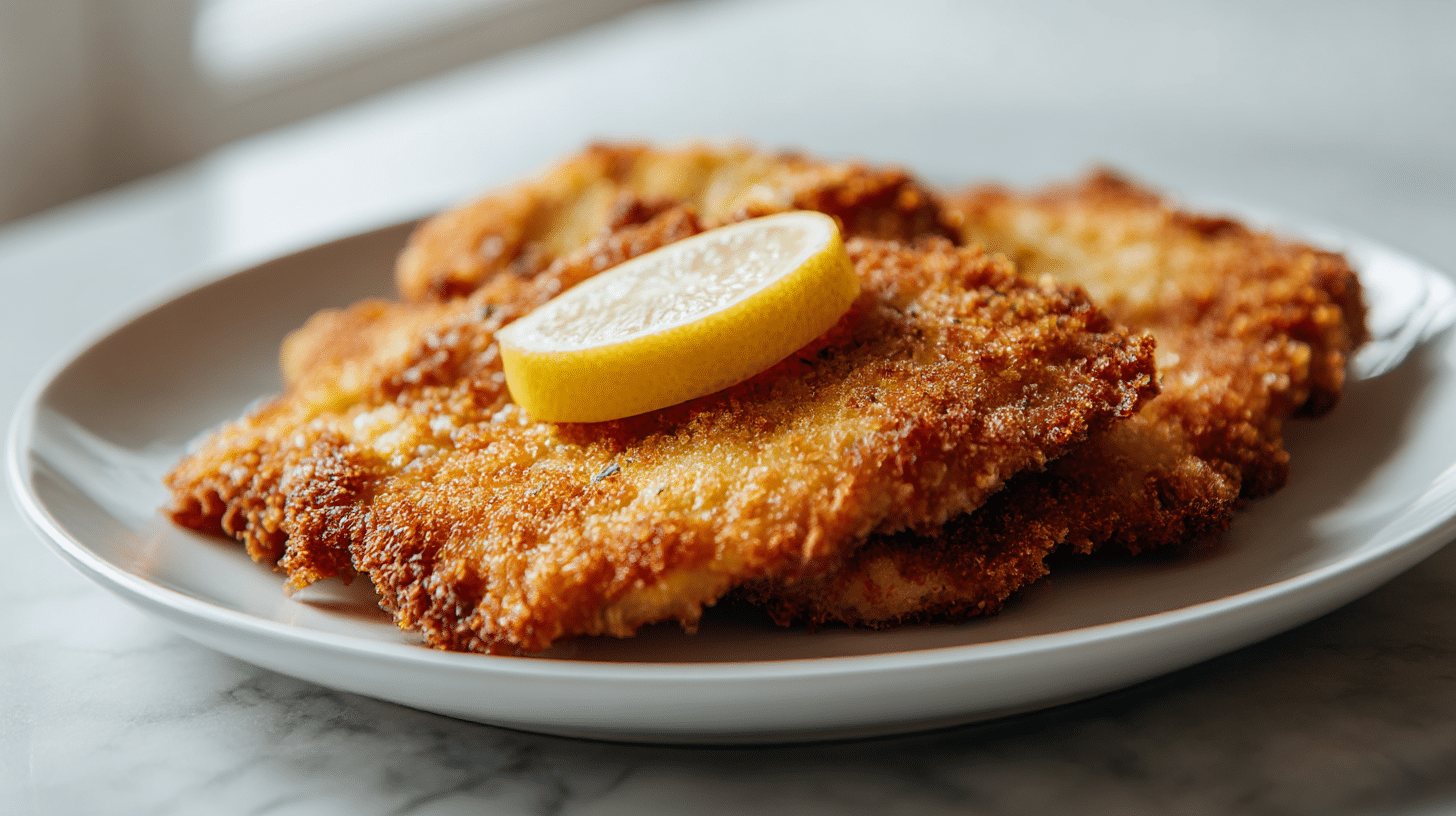 Servierte sellerieschnitzel air fryer mit frischem Salat.