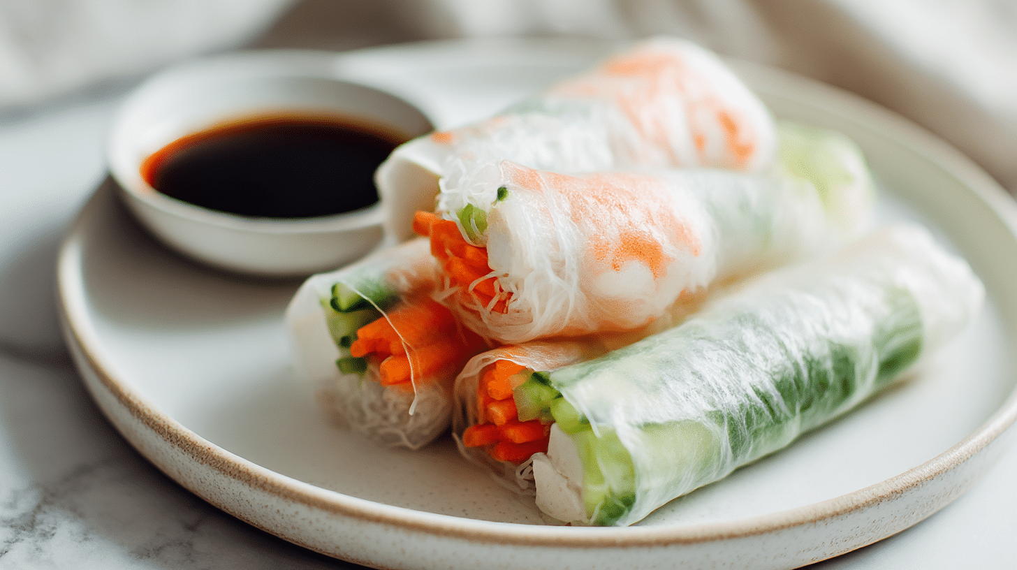Ein Tablett voller sommerrollen air fryer mit Erdnusssauce.