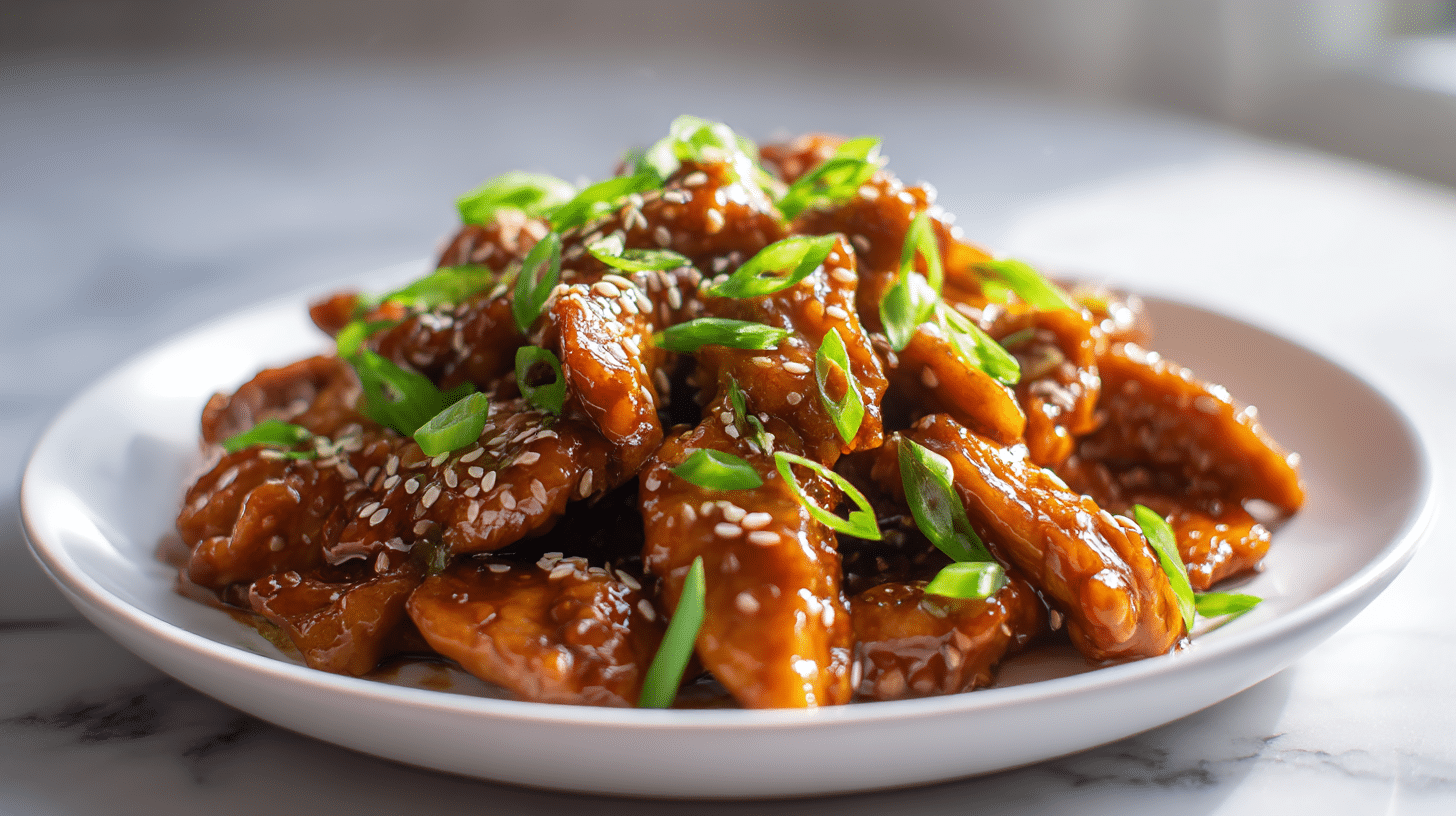 teriyaki hähnchen air fryer auf einem Holztisch