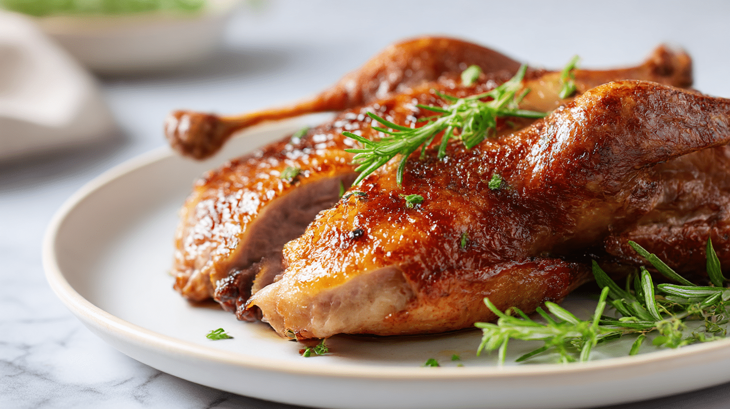 ente im air fryer serviert mit buntem gemüse