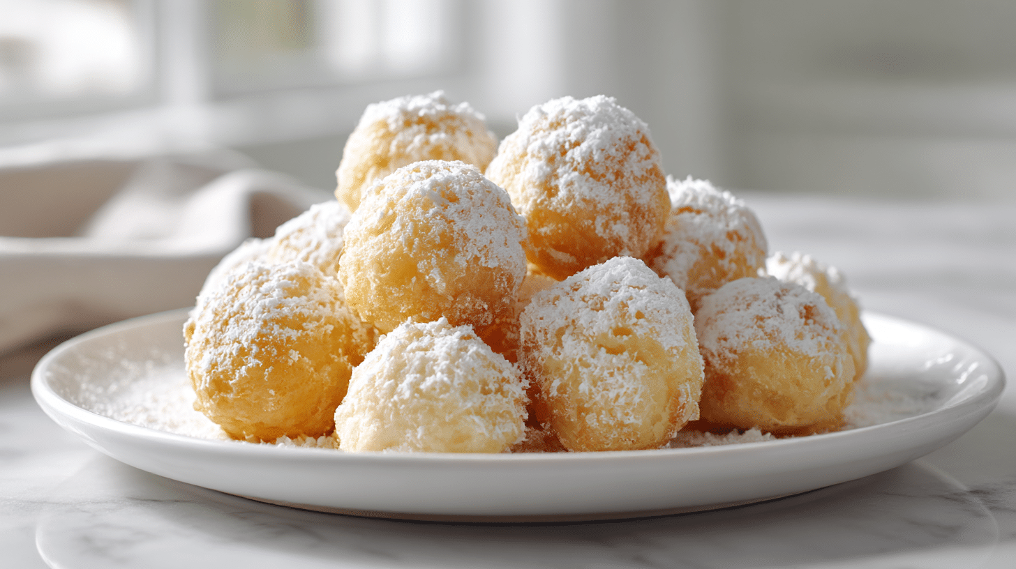 ein Teller voller quarkkeulchen air fryer mit Zucker bestäubt