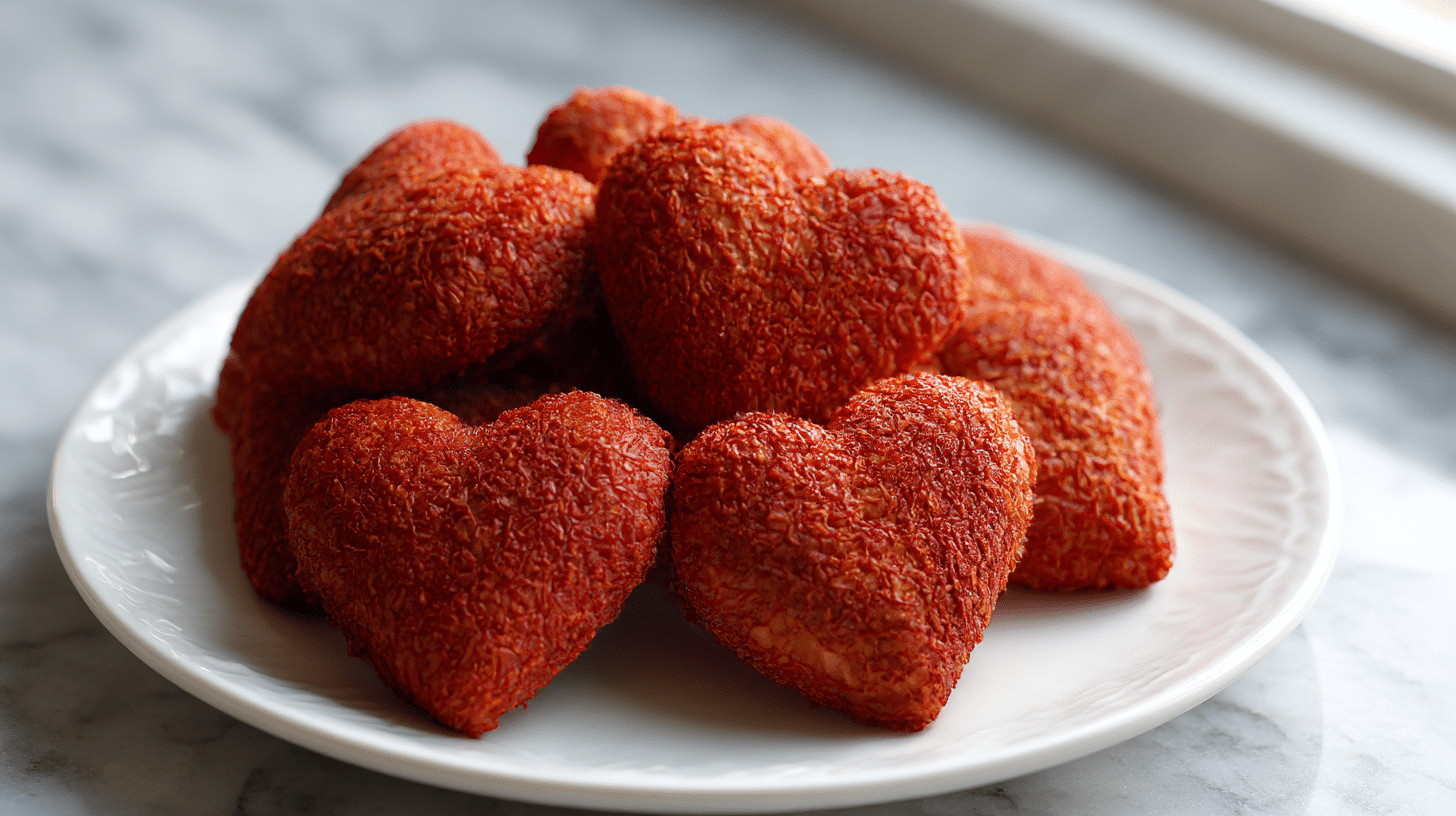 rote herzchen aus teig air fryer, cremig gefuellt und verziert