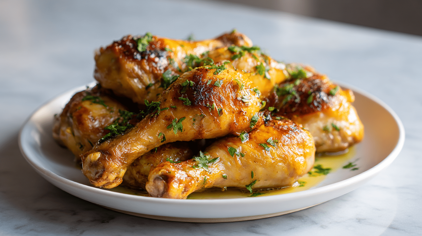 Hähnchenkeule mit knusperhaut air fryer auf einem Teller serviert
