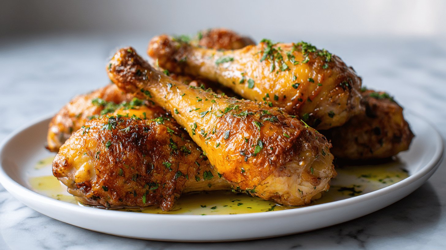 Hähnchenkeule mit knusperhaut air fryer neben frischem Gemüse