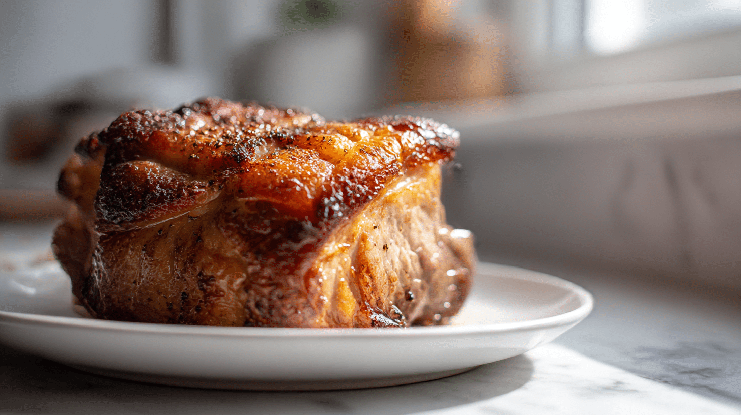 Schweinebraten mit Kruste aus dem Air Fryer frisch serviert