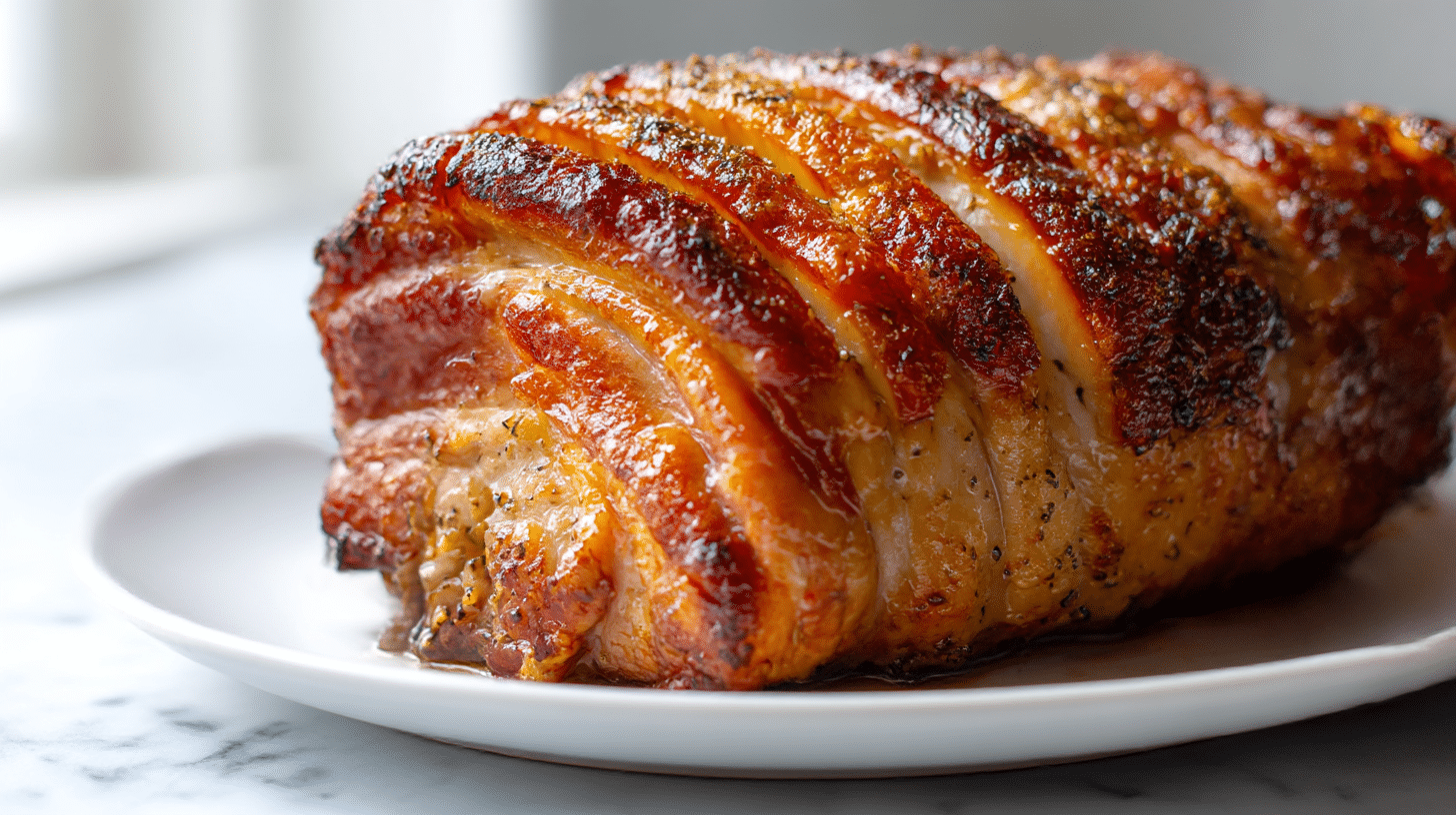 Schweinebraten mit Kruste, zubereitet im Air Fryer und serviert