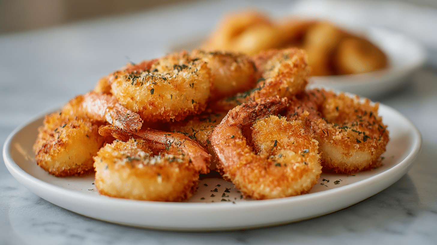 lecker gebackene garnelen air fryer auf einem Teller serviert