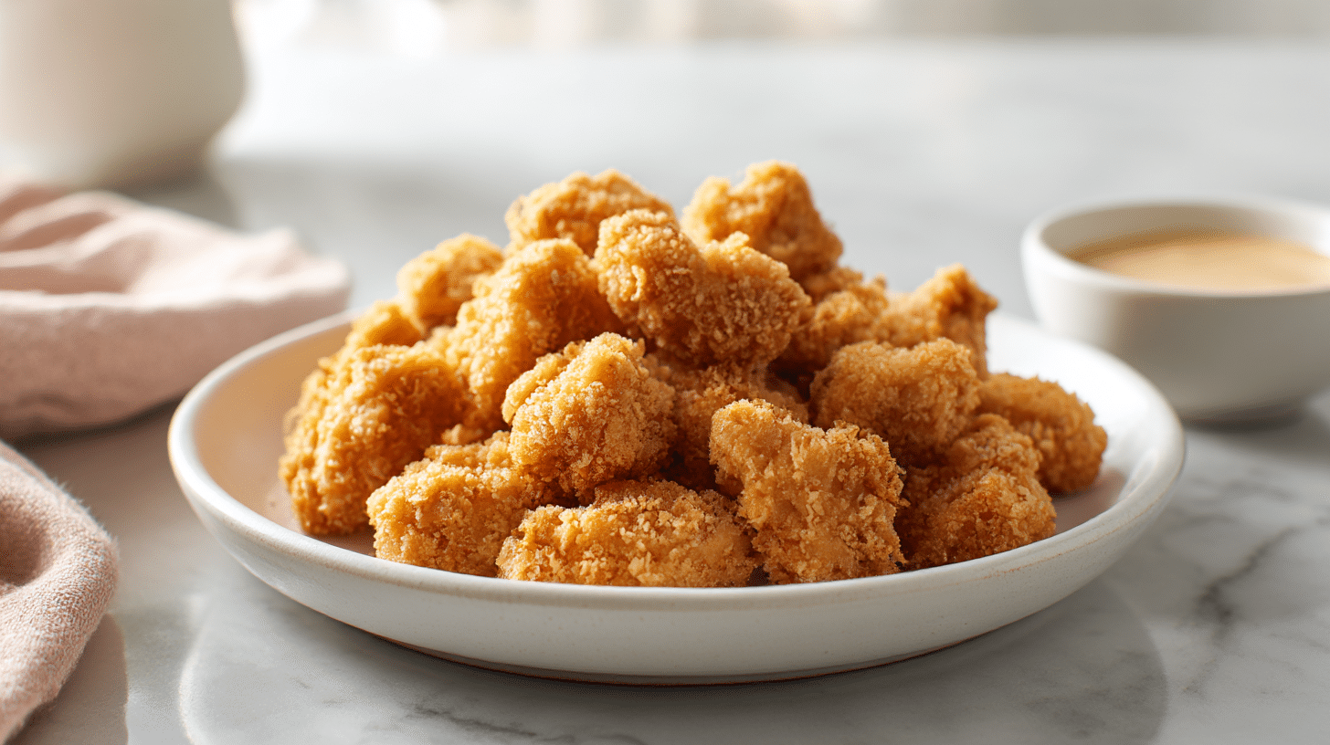 Leckeres popcorn hähnchen air fryer auf einem Teller serviert