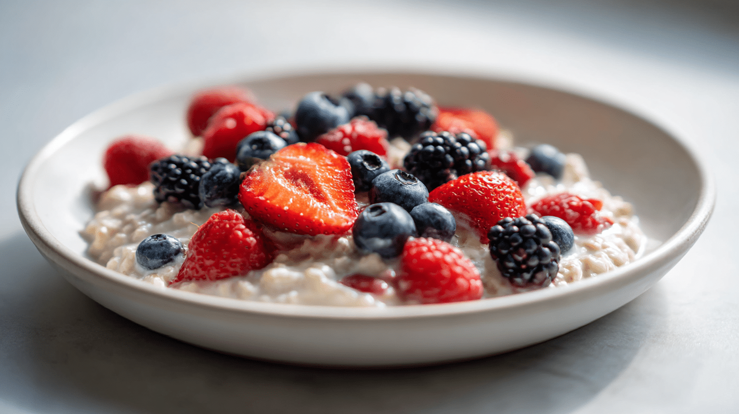 Nährstoffreiches Porridge mit gerösteten Haferflocken und frischen Beeren