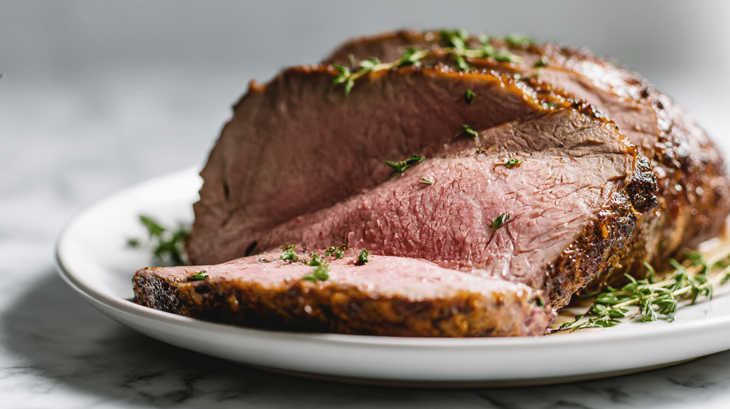 Fabelhaftes roastbeef air fryer medium, umgeben von bunten Beilagen für ein Festessen