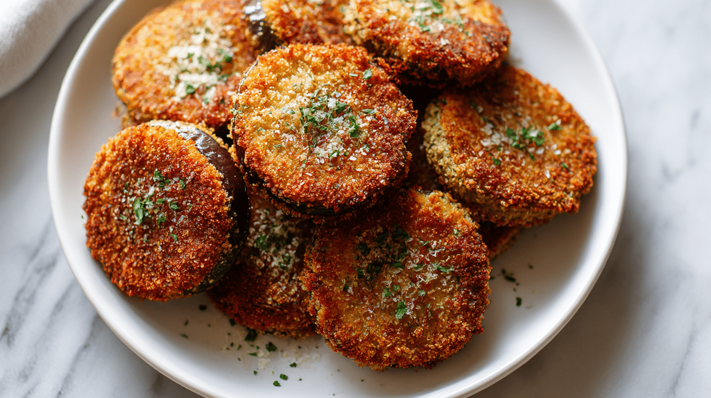 Auberginen Schnitzel Air Fryer auf dem Tisch angerichtet