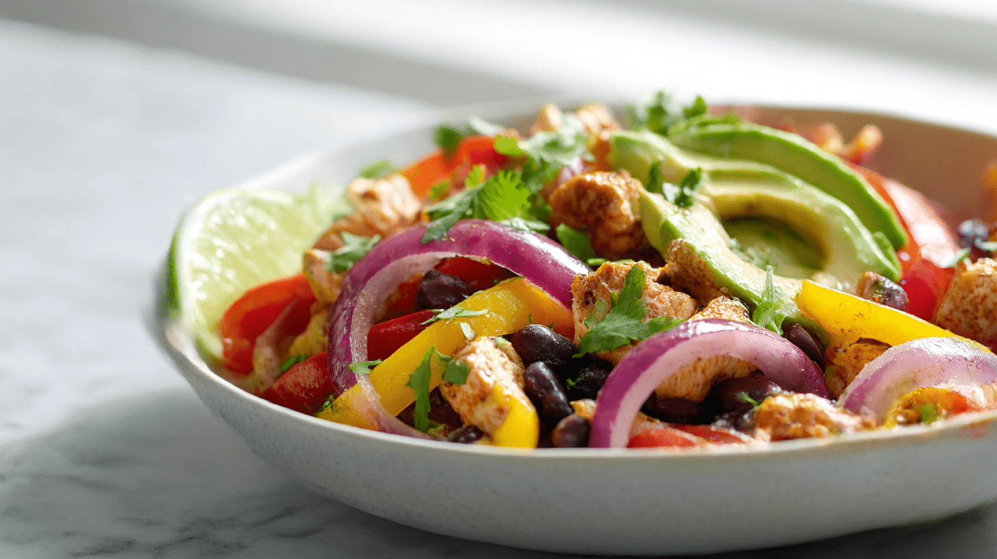 Schnelle Burrito Bowl Air Fryer mit Hühnchen und Salsasauce