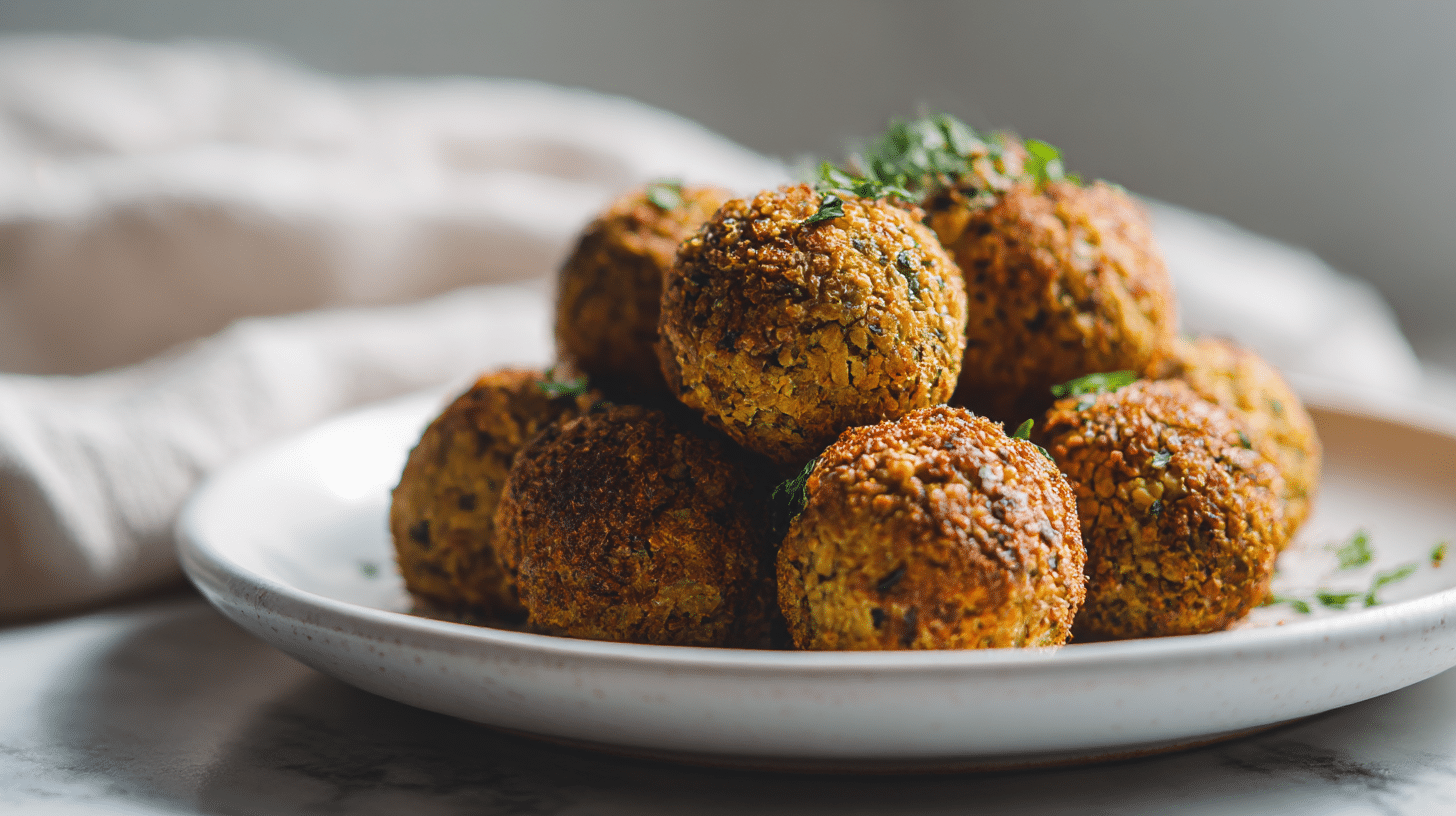 Kichererbsen Bällchen Air Fryer auf einem rustikalen Tisch