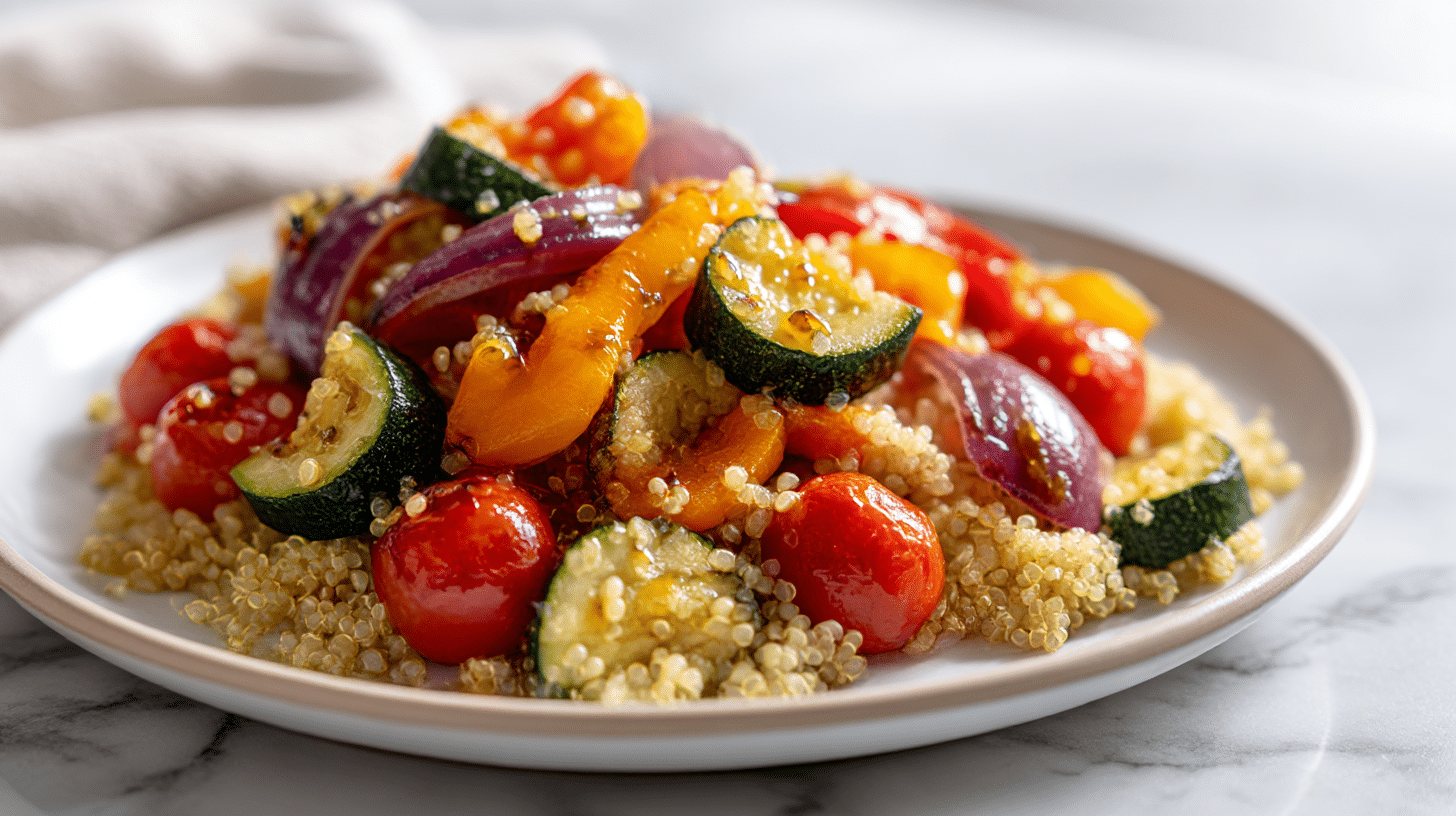 Quinoa Salat mit Air Fryer Gemüse Rezept 1 Leckerer quinoa salat mit air fryer gemüse auf einem weißen Teller