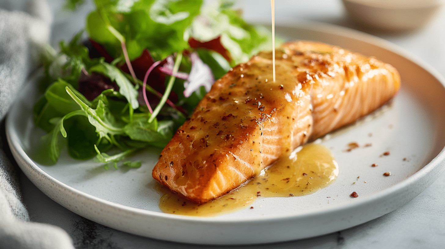 appetitlicher lachs air fryer honig senf auf einem Teller angerichtet