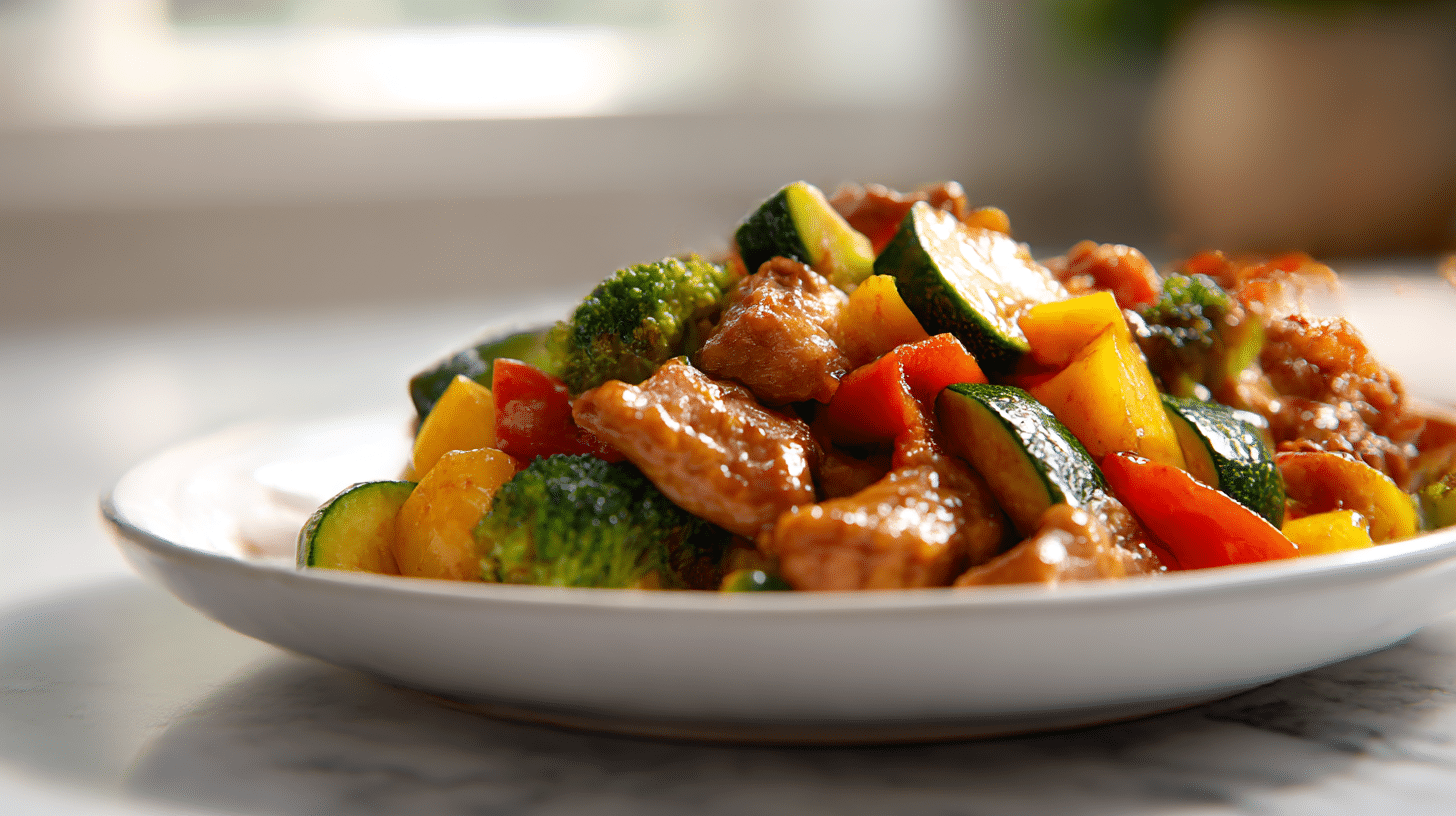 Gesundes geschnetzeltes air fryer hähnchen mit frischem Gemüse.