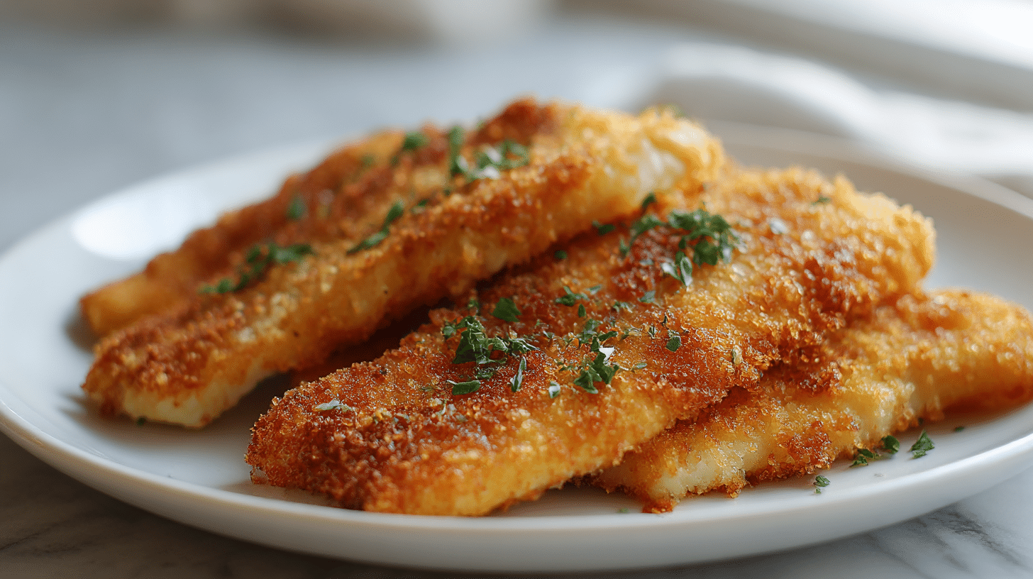 Pangasius air fryer panade frisch aus der Fritteuse.