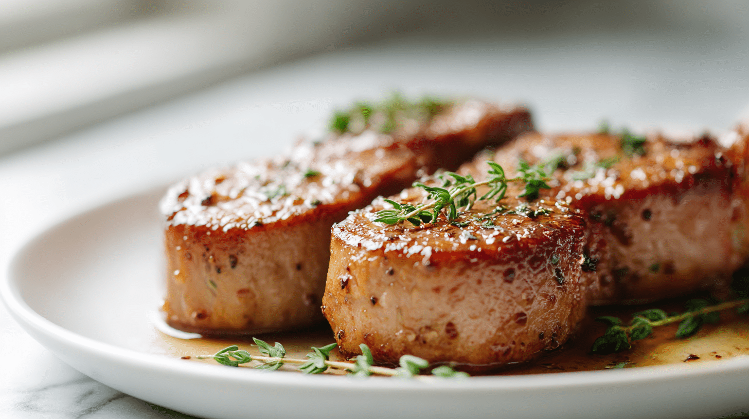 Saftige Schweinefilet Air Fryer Medaillons mit einer leckeren Soße.